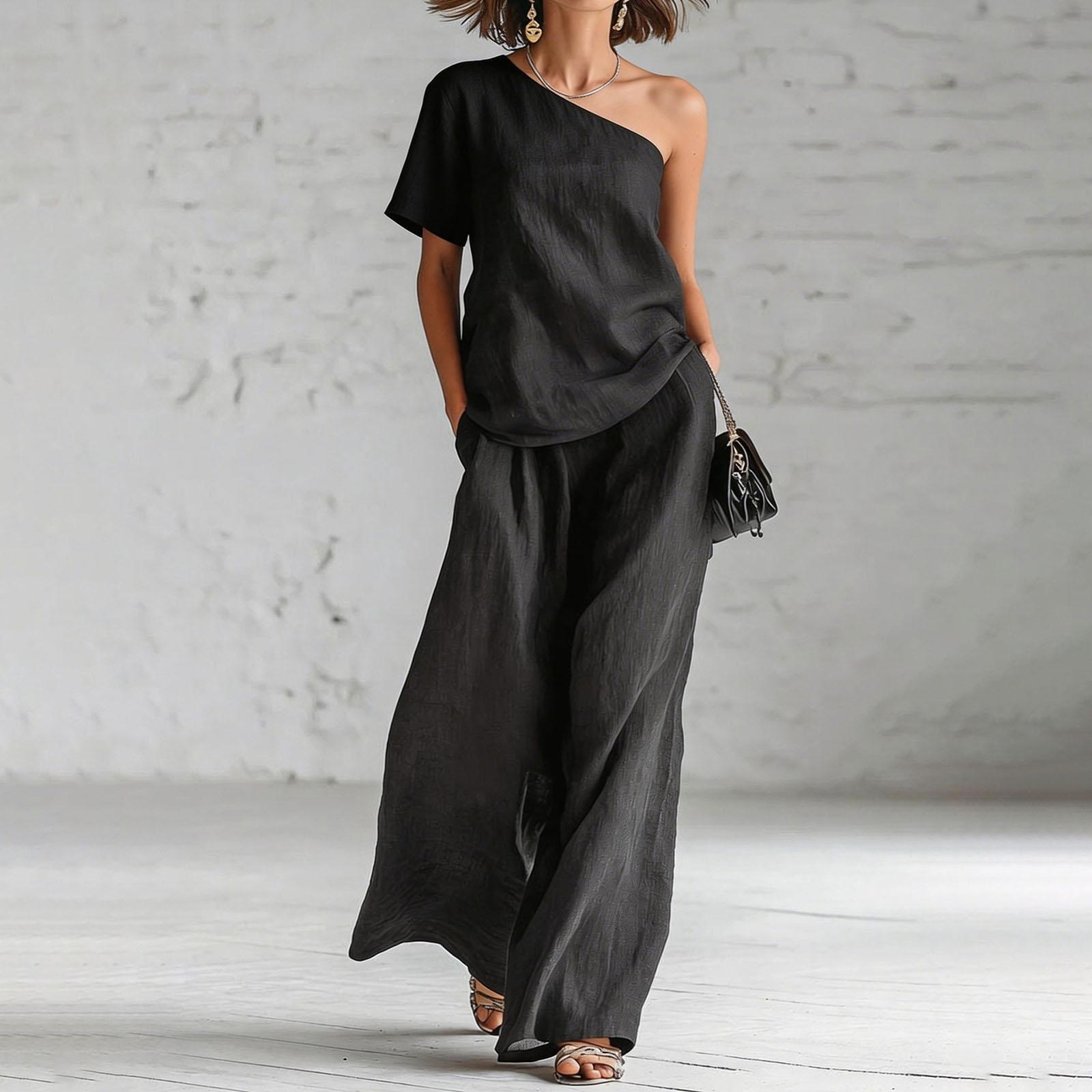 

Women s 2 Piece Outfits One Shoulder Short Sleeve Top And High Waist Wide Leg Pants Set, Casual Boho Linen Blend Summer Loungewear L чёрный