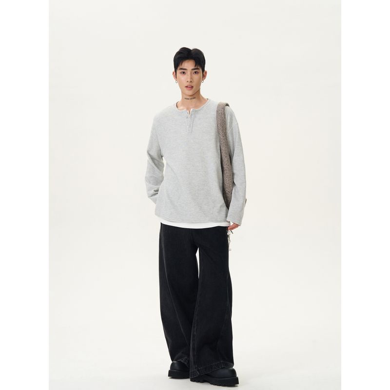 Kisko American Retro Lazy Style Fake Two-Piece Henry Collar Long-Sleeve T-Shirt for Men and Women, High-End Casual Inner Wear Top