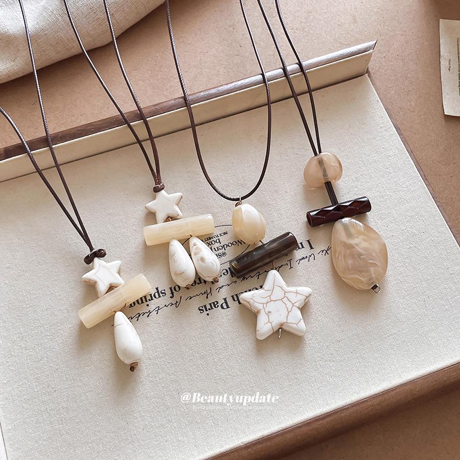 Retro Leather Cord Necklace with Faux Stone, Acrylic Gradient, and Star & Water Drop Charms - Elegant Sweater Chain Jewelry for Women