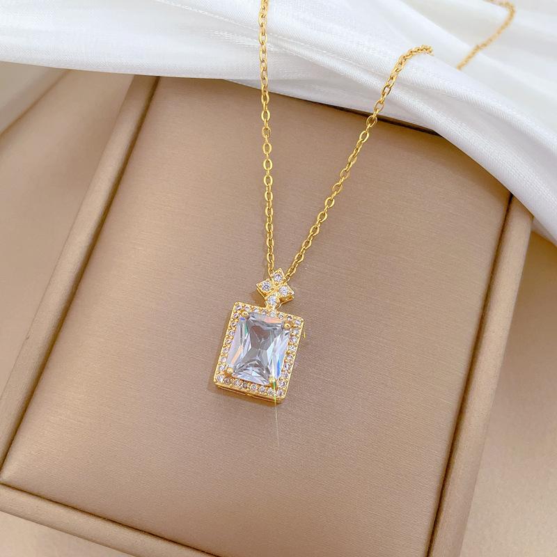 Geometric Luxury Crystal Zircon Pendant Necklace for Women Stainless Steel Chain Bling Wedding Party Jewelry Accessories Gifts