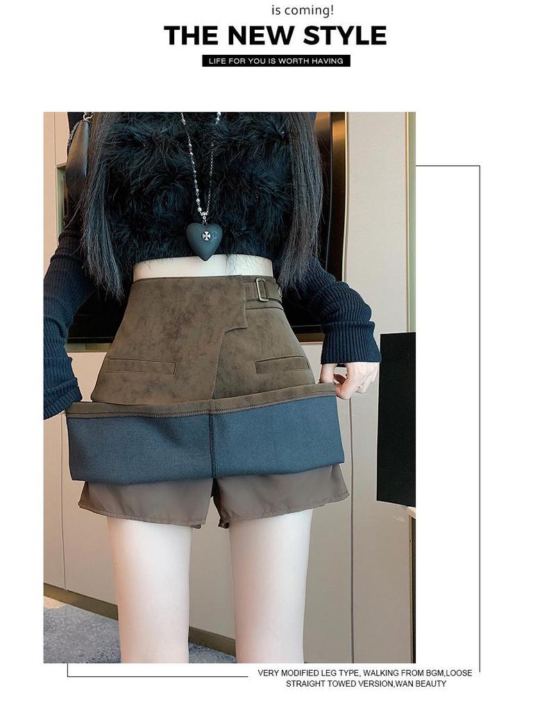 Plus Size Women's Brown Suede A-line High Waist Short Skirt for Spring & Autumn