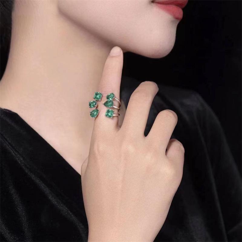 Emerald Irregular Hollow Ring - Women s Luxury Cold Style Versatile Gemstone Adjustable Opening
