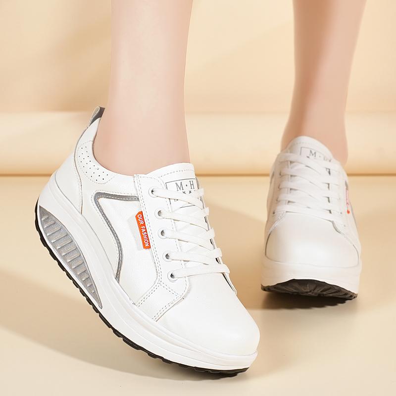 Women's Sneakers Height Increase White Leather Platform Casual Simple Thick Sole Elevator Shake Shoes for Students
