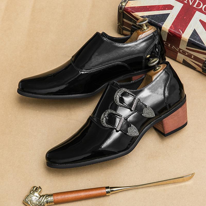 Spring New High-heeled Pointed Leather Shoes 2025 Large Size Dress Casual Shoes Fashion Patent Leather Heightening Men's Shoes