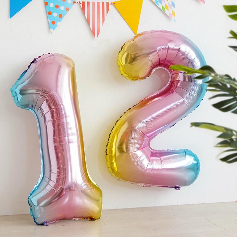 Korean Xiaohongshu 30-inch Rainbow Gradient Number Balloons for Children's Birthday Party Photo Decor.