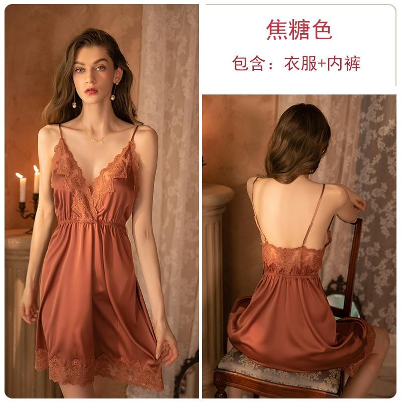 Womens Satin Lingerie Set Deep V Neck Long Sleeve Robe Lace Slip Dress Homewear Sleep Lounge