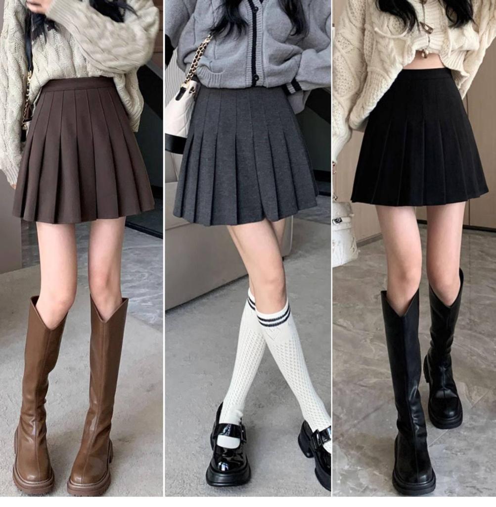 Women's Plus Size Woolen A-Line Pleated Skirt in Khaki - High Waist, Short Length for Spring and Autumn
