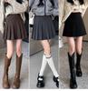 Women's Plus Size Woolen A-Line Pleated Skirt in Khaki - High Waist, Short Length for Spring and Autumn