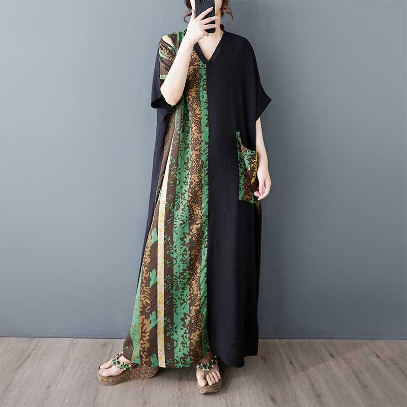 Summer Thin Cotton Linen V-neck Short Sleeved Long Dress for Women