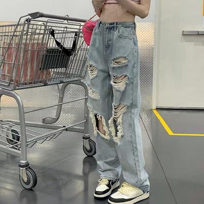 Blue Loose Fit Straight Jeans Washed Ripped Holes Ombre Non-Stretch Baggy Denim Pants Women's Denim Jeans & Clothing