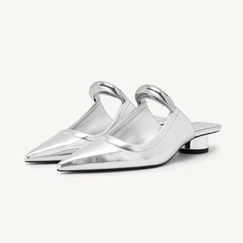 

Fashion New Slipper Mules Low High Heels Shoes 2024 Summer Best Street Look Females Square Head Open Toe Strappy Sandals Women 35 серебряный