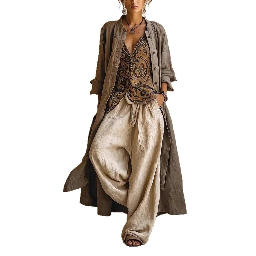 Women's 3 Piece Outfit Long Sleeve Button Down Shirt Wide Leg Pants Set