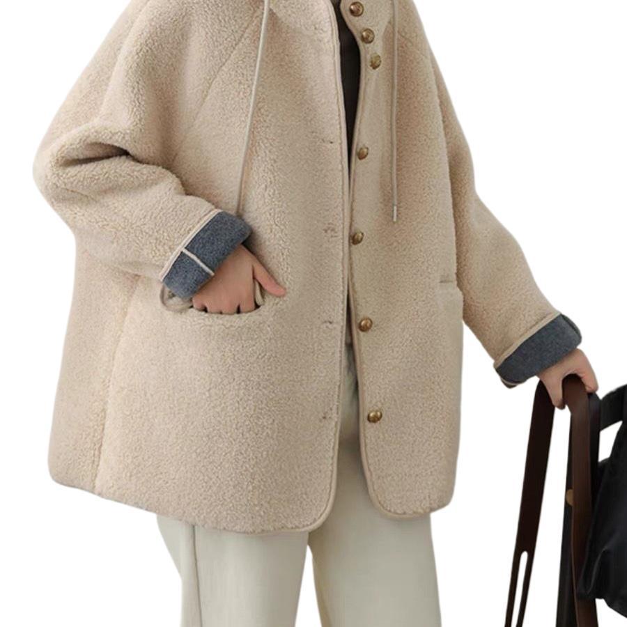 Women's Hooded Lambswool Plush Coat: Versatile Loose Fit, Velvet Lined, Thick and Warm for Autumn/Winter.