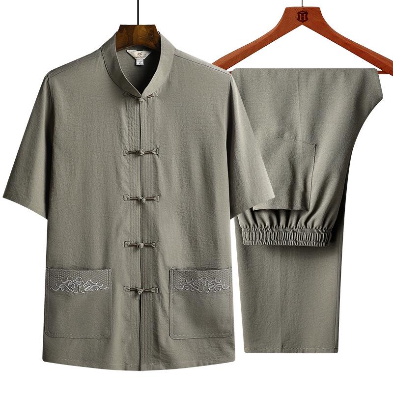 Men's Chinese Style Summer Cotton-Linen Short-Sleeve Tang Suit for Seniors