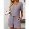 Sommer Neu Einfarbig Rippenstreifen Pyjama Kurzarm Hausanzug Set
