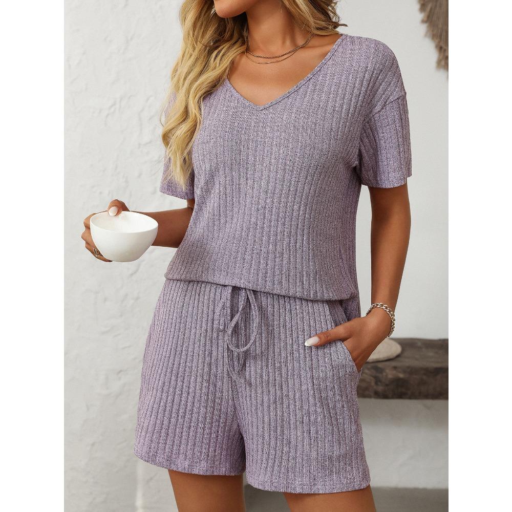 Sommer Neu Einfarbig Rippenstreifen Pyjama Kurzarm Hausanzug Set