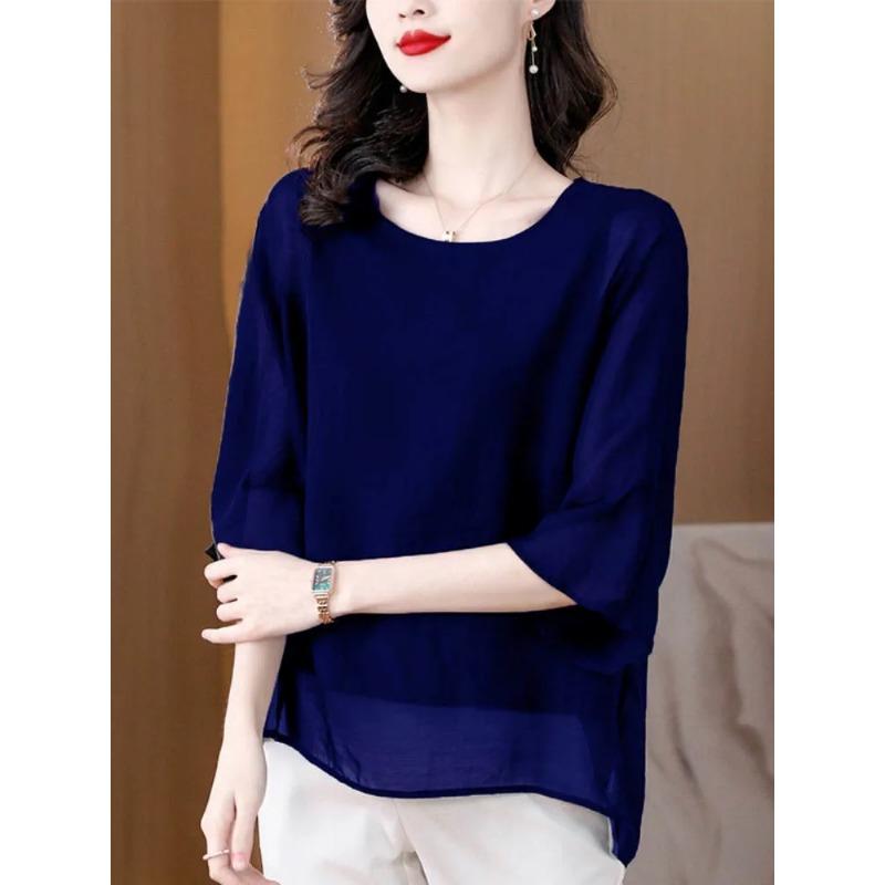 New Chiffon Shirt Solid Color Women's Mid-sleeve T-shirt Round Neck Loose French Top Trendy