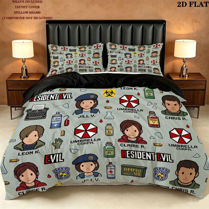 Resident Evil Pattern Bedding Quilt Set Quilt Cover Pillowcase Home Birthday Gift(1 * duvet cover + 2 * pillowcase, without core)