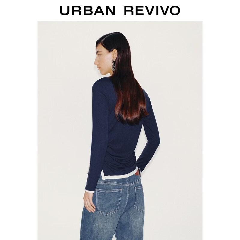 UR 2026 Spring Women's Color-block Faux Two-Piece Pleated T-Shirt