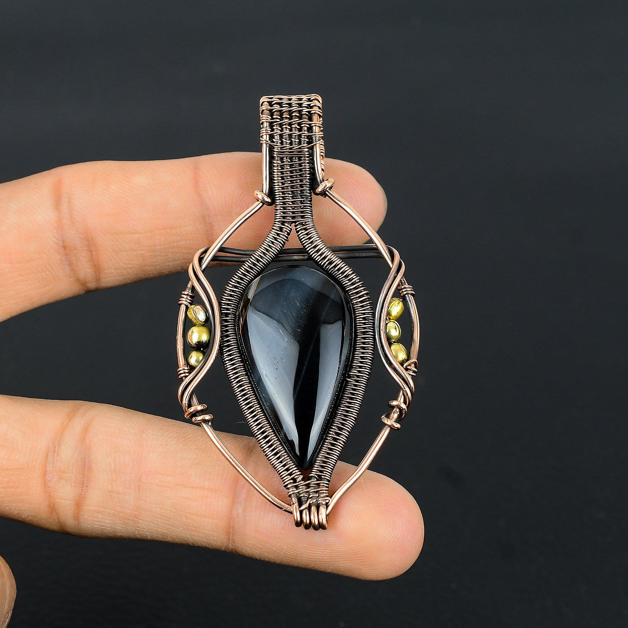 

Подвеска из голубого тигрового глаза, подвеска, обернутая медной проволокой 999 пробы. Подарок для женщин, подвеска ручной работы, ювелирные изделия из драгоценных камней 2.55 Inches