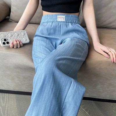 Woman Thin Trousers Letter Elastic Waist Pockets Casual Straight Wide Leg Long Pants Clothing Summer High Street Blue