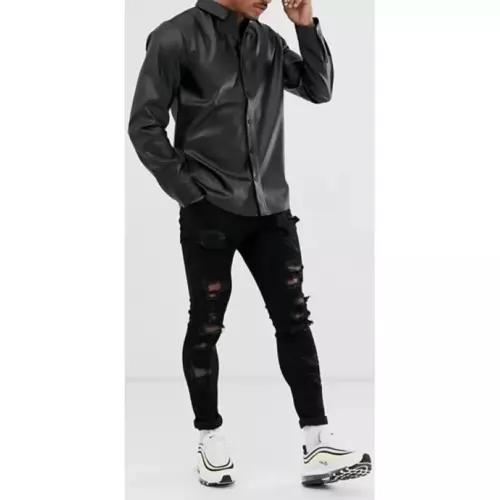 Ručně šitá Formální Ležérní Párty Stylová Černá Nová Pánská Košile Pravá Jehněčí Kůže