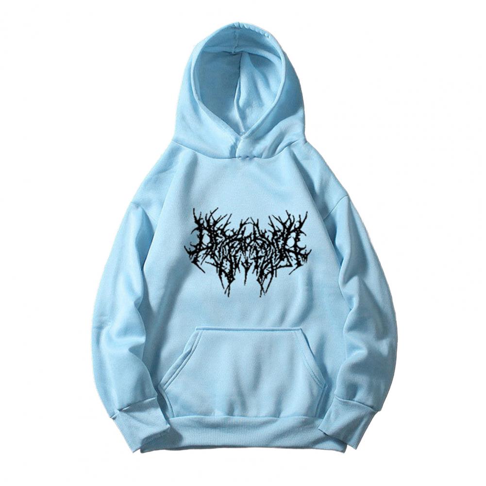 Fall Winter Unisex Hoodie Drawstring Elastic Cuff Thorn Print Thick Fleece Patch Pocket Loose Long Sleeves Pullover Warm Top