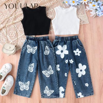 1-6Y Moda Crianças Meninas Conjuntos de Roupas de Verão 2pcs Sem Mangas Regatas Nervuradas + Flores Estampadas Calças Jeans