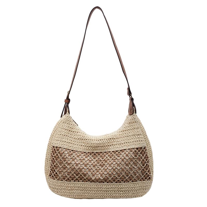 Crochet Mesh Shoulder Bag Women Summer Beach Tote With Leather Strap Natural Style Design