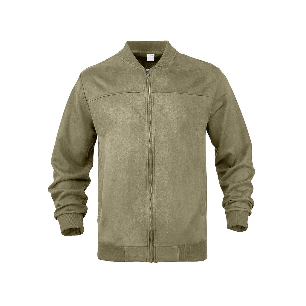 Men Faux Suede Bomber Jacket Stand Collar Full Zip Up Long Sleeve Solid Color Casual Outerwear Fall Daily Streetwear Coat