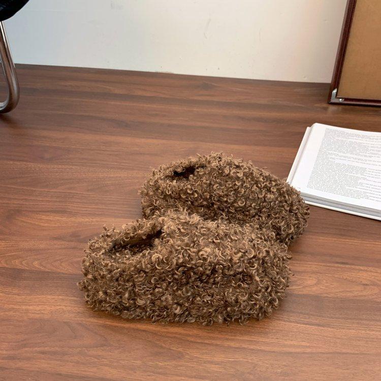 sponge cake thick bottom curly hair plush bag head half slippers women's wear 2025 autumn and winter new warm and heightening cotton slippers