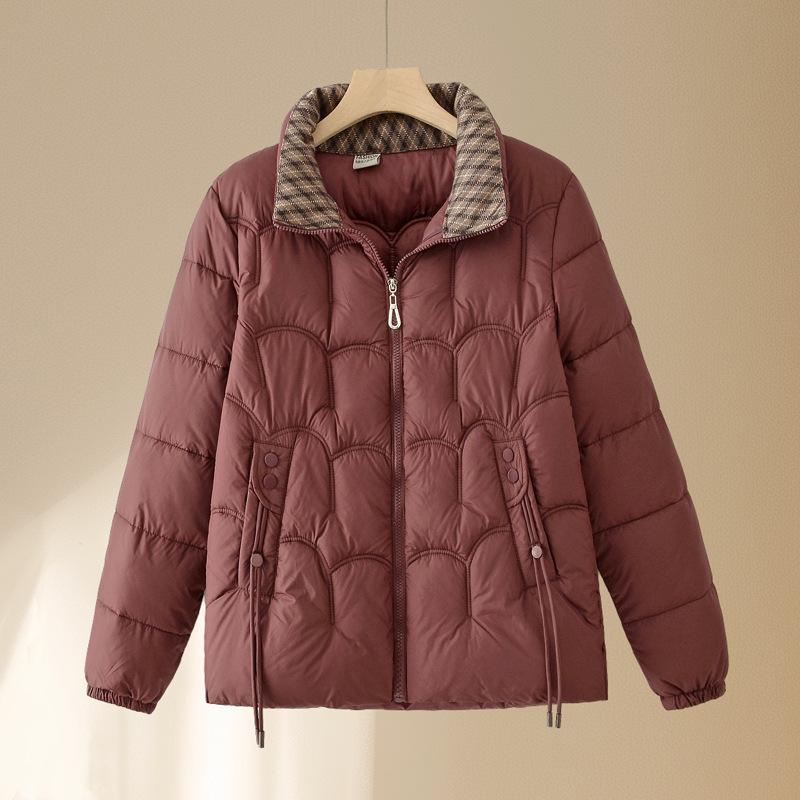 

Fashionable plaid stand-up collar short down cotton jacket for mothers, 2026 winter new casual warm coat 2XL Suggestions（80-100J вино красного