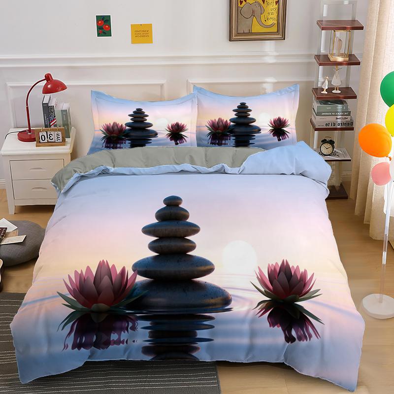 Housse de Couette Zen Stone Bambou Vert Ensemble de Literie Imprimé Nature Eau Queen King Size Housses de Couette Décoratives Textile de Maison