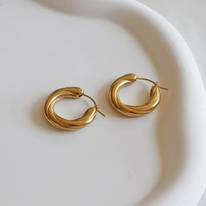 _FF92G Surgical Steel Gold Engraved Volume Ring Earrings