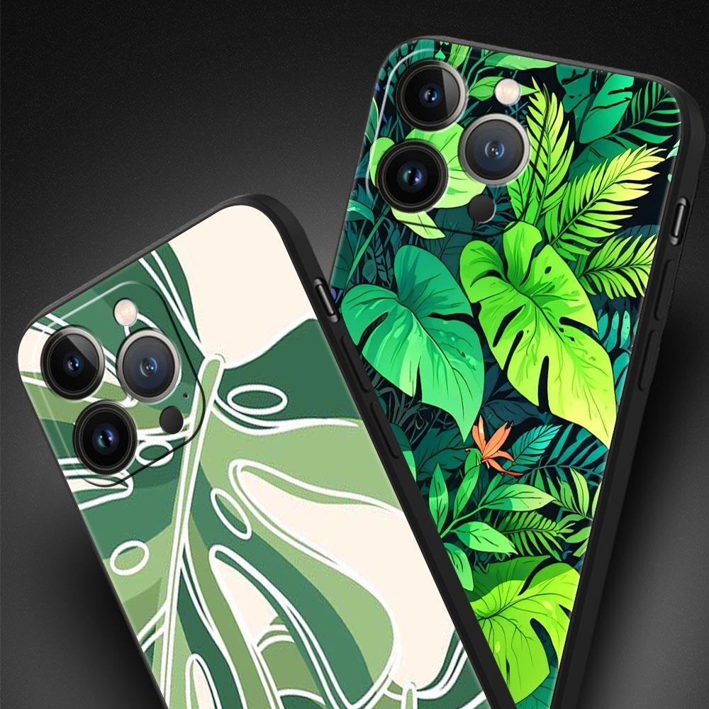 Leaves Monstera Green Phone Case For iPhone 17 16 15 Pro Max 11 12 13 14 7 8 Plus SE 2020 X XR XS Cover Soft Black