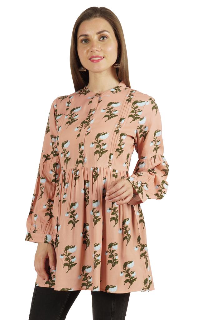 Moomaya Printed Womens Full Sleeve Tunic Mandarin Collar Fit & Flare Long