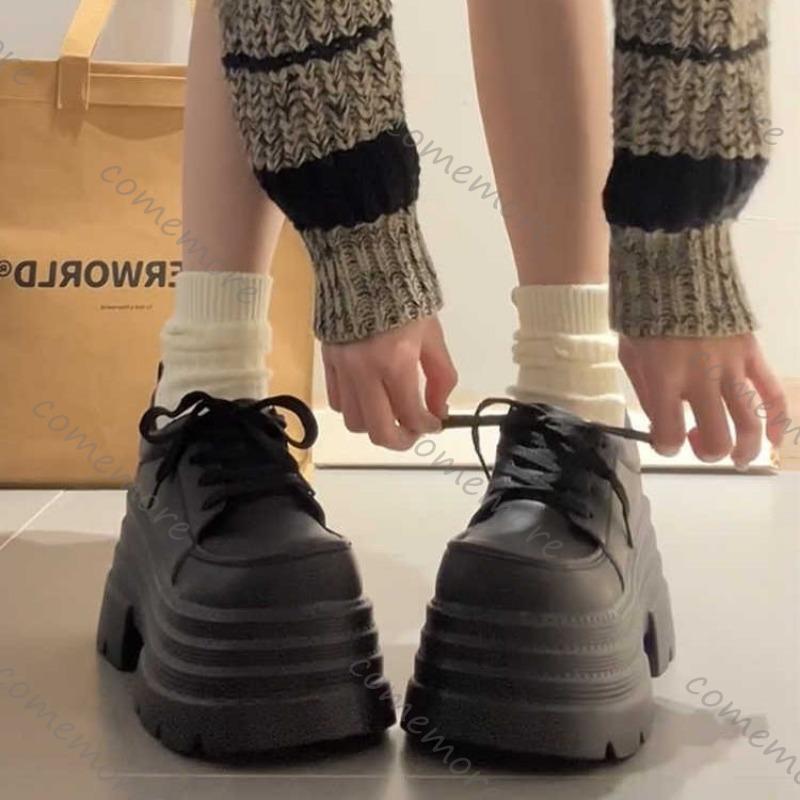 Fashion Comemore British Style Height Increase Loafers New Thick Bottomed Lace-up Leather Pumps Black Chunky Heel Mary Jane Single Shoes