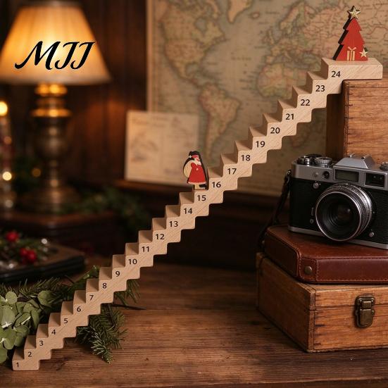 Reusable Wooden Calendar Christmas Staircase Countdown Calendar, Ornament with Santa Claus Gift for Kids Doll, 24 Days Advent Holiday Bookshelf