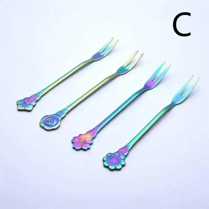 4PC Stainless Steel Coffee Spoon Teaspoon Gold Plated Sugar Dessert Fruit Fork Mirror Polishing Flowers Handle Coffee Dinnerware