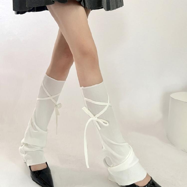 Women Harajuku Solid Color Flared Leg Warmers Lace Up Bandages Leg Sleeves Cover Footless Wide Leg Long Socks Streetwear