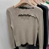 Women's Autumn and Winter Wooden Ear Edge Top Sexy Slim Fit Solid Color Hollow Neckline Design Sweater