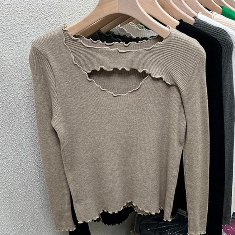 Women's Autumn and Winter Wooden Ear Edge Top Sexy Slim Fit Solid Color Hollow Neckline Design Sweater