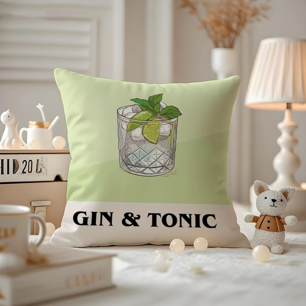 Gin& Tonic Cocktail Painting Cushion Cover Anti-dustmite Pillowcase Invisible Zipper Silky Short Plush Sofa Cushion Cover