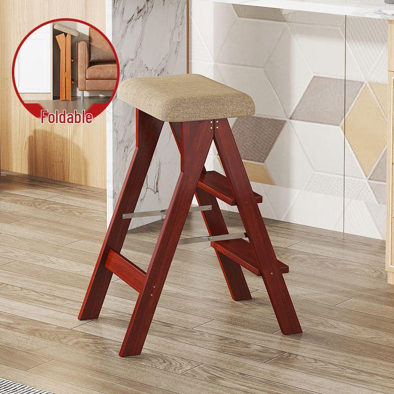 Three-Step Solid Wood Folding Ladder Stool: Multifunctional for Kitchen and Bar Use