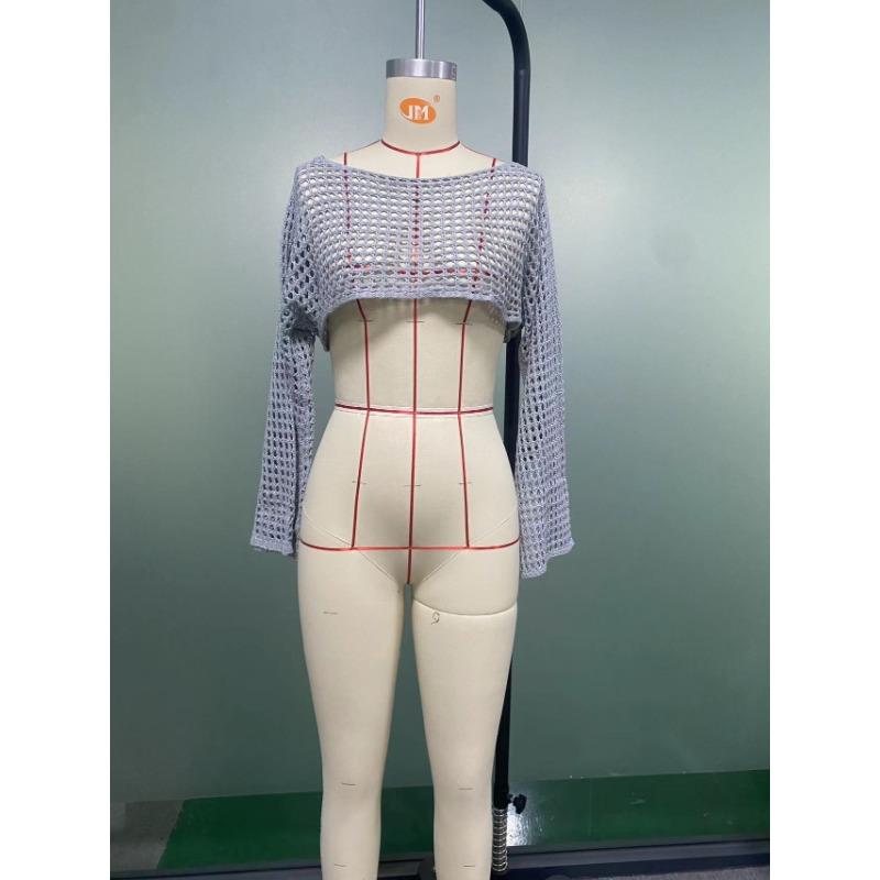 Women's Cover Ups Fall Women's Hand Hook Sweater Casual Ultra Short Flared Sleeve Sexy Mesh Cover Up