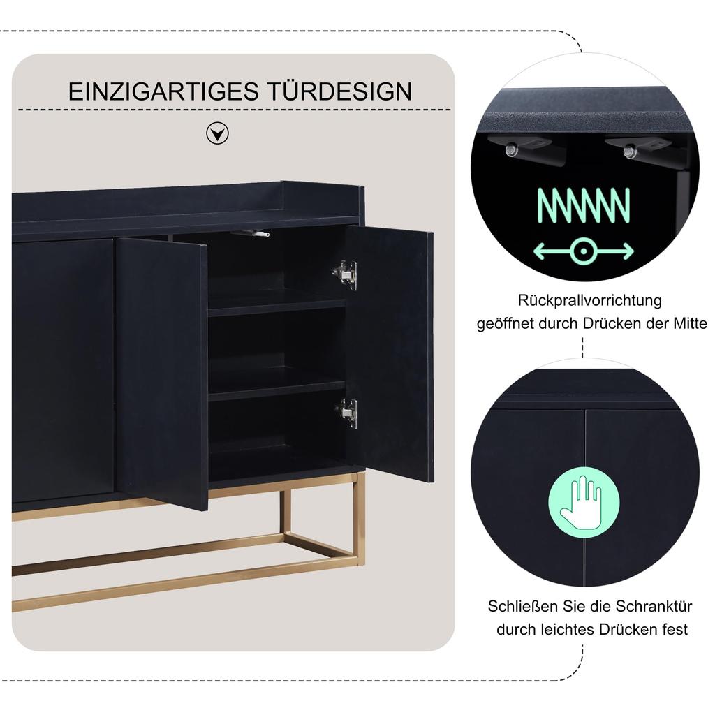 Sideboard Kommode im minimalistischen Stil, Modernes Buffetschrank mit 4 Türen, Metallbeinen, Schubladenkommode mit Verstellbares Regal
