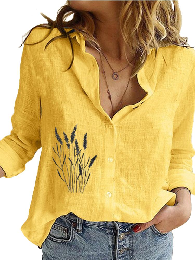 

Женская мода Хлопково-льняная рубашка Весна&лето Свободный топ Дамская Повседневная Блузка с цветочным принтом 5XL жёлтый