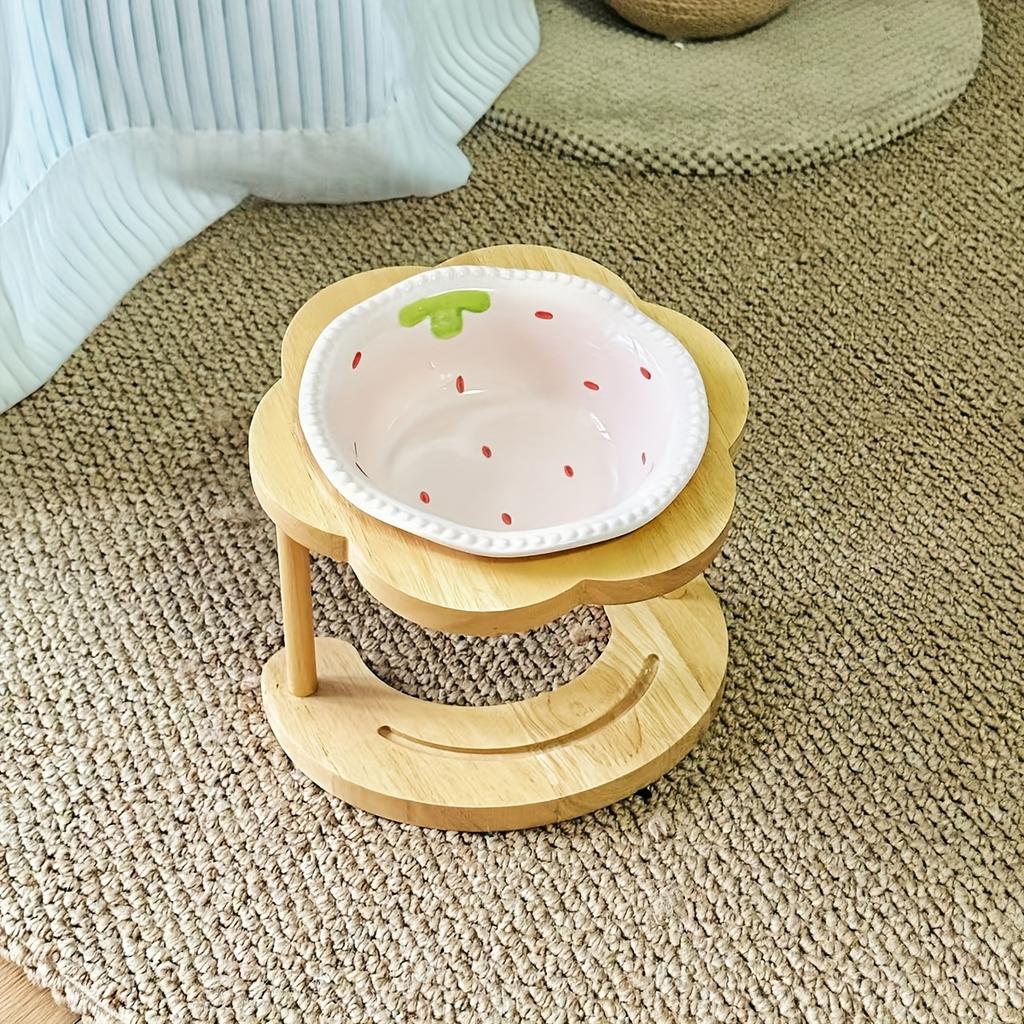 Elevated Ceramic Pet Bowl with Wooden Stand - Anti-Spill Cat Food Bowl & Dog Feeder, Neck-Protective Design for Cats and Dogs
