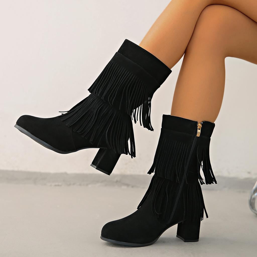 Fashion Women Ankle Boots Fashion Fringe New Zipper Winter Thick High Heel Ladies Party Shoes Women Platform Outdoor Mid-Calf Boots