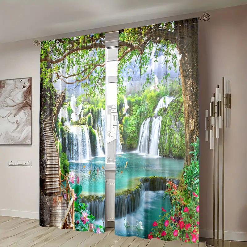2 Pieces, Natural Scenery Waterfall Landscape Curtains - Pole Pockets Easy To Hang - Living Room, Bedroom, Home Decoration